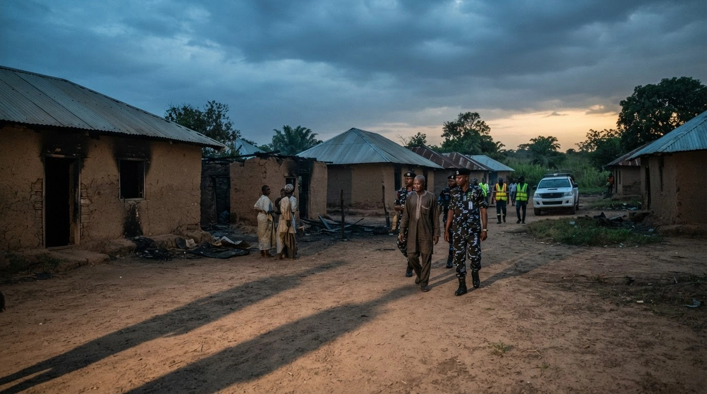 Emergency responders and investigators survey the scene of a violent militia attack in the Ayilamo community of Benue State, Nigeria.