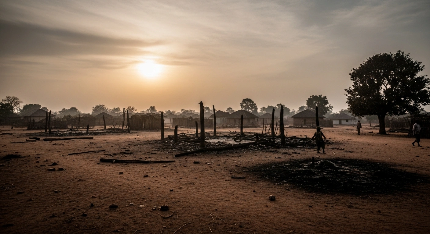 The aftermath of an armed attack in Efeyi village, Benue State, shows the desolate landscape where violent clashes between farmers and herders occurred.