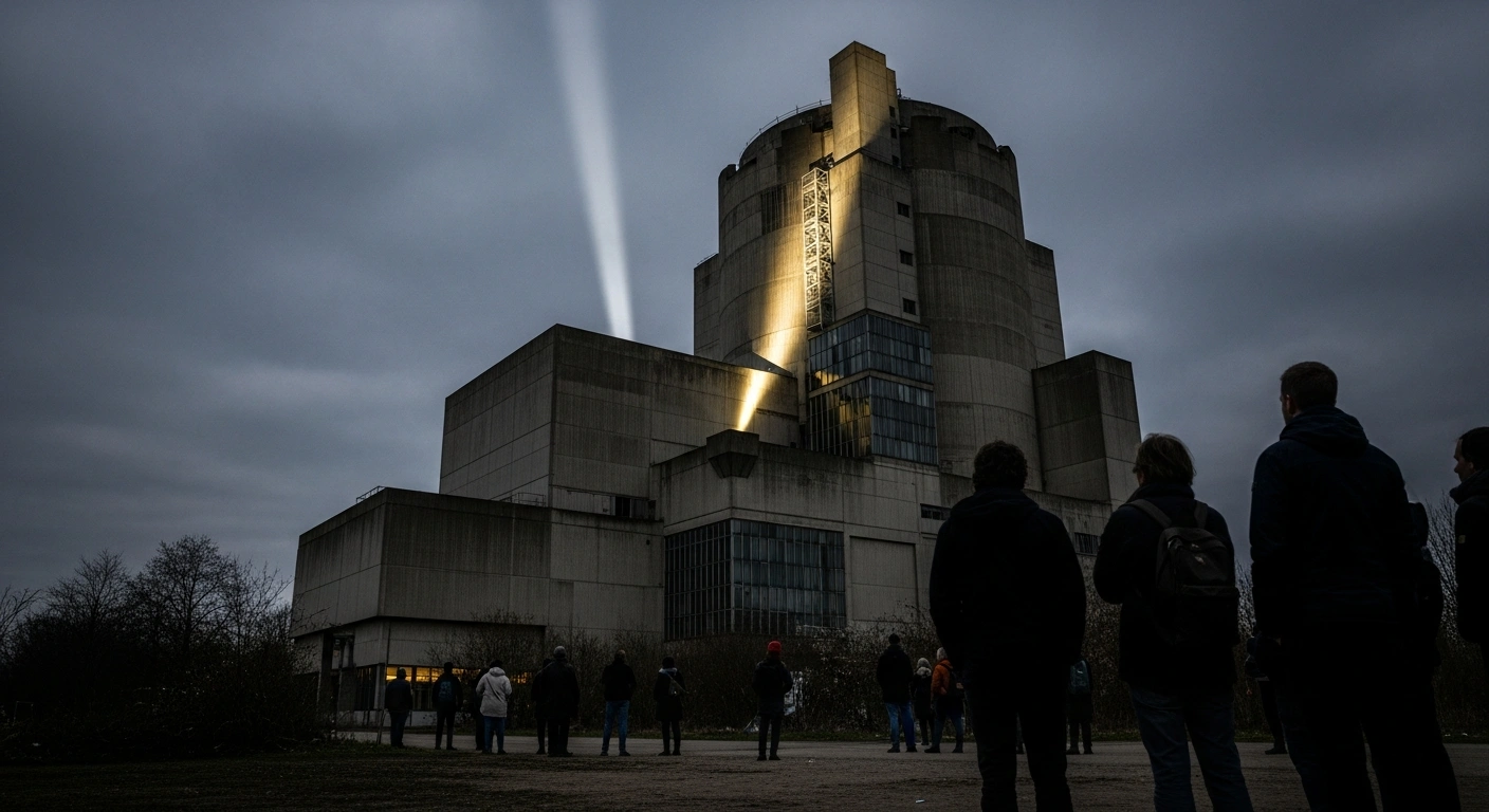 A wide, low-angle shot of a stark, brutalist research reactor building in Berlin, Germany, with a small group of people standing in the foreground, symbolizing the public scrutiny and objections surrounding its decommissioning.