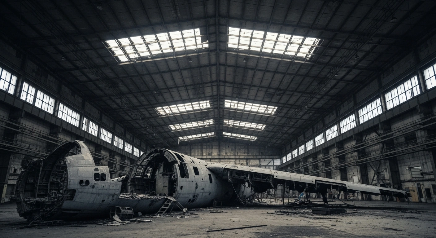 A wide view inside a dimly lit, damaged aircraft hangar at the Beriev Aircraft Plant in Taganrog, showing the charred, twisted remains of a strategic aircraft, symbolizing the financial downturn and production impact from Ukrainian precision strikes.