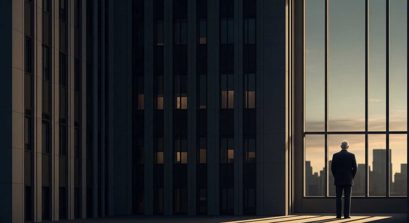 A distinguished figure stands in a corporate office, looking out at a darkening cityscape, symbolizing the decline in Berkshire Hathaway's operating earnings by nearly 30% in Q4 2025, Warren Buffett's final quarter as CEO, driven by falling insurance income and a $4.5 billion writedown on Occidental Petroleum.