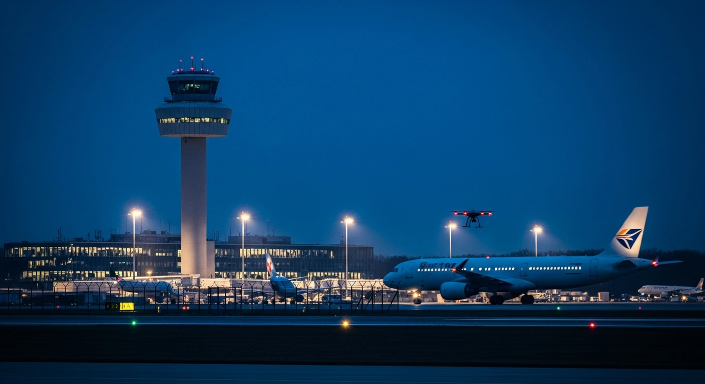 A small unauthorized drone hovers near the runway of Berlin Brandenburg Airport while flight operations are temporarily suspended.