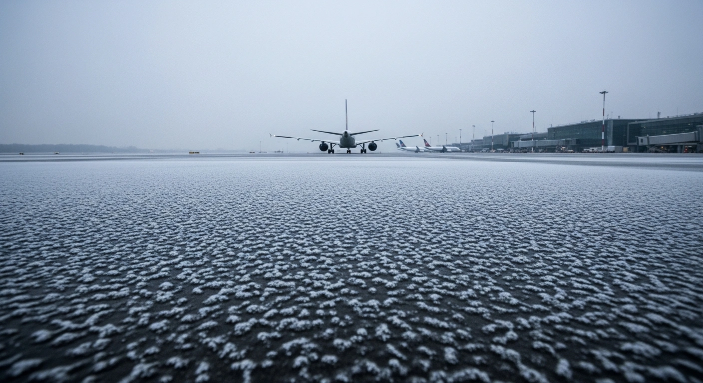 A wide, low-angle view of the deserted Berlin Brandenburg Airport tarmac at dawn, covered in a treacherous layer of black ice and freezing rain, with a grounded aircraft visible in the distance, illustrating the airport's 48-hour shutdown.