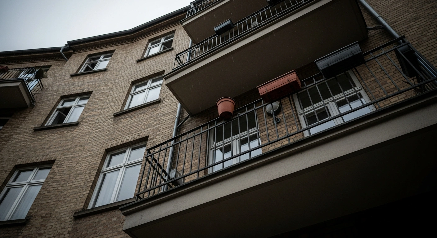 A terracotta flowerpot rests on the edge of a high-rise balcony overlooking a Berlin street, highlighting the risks of urban balcony maintenance.