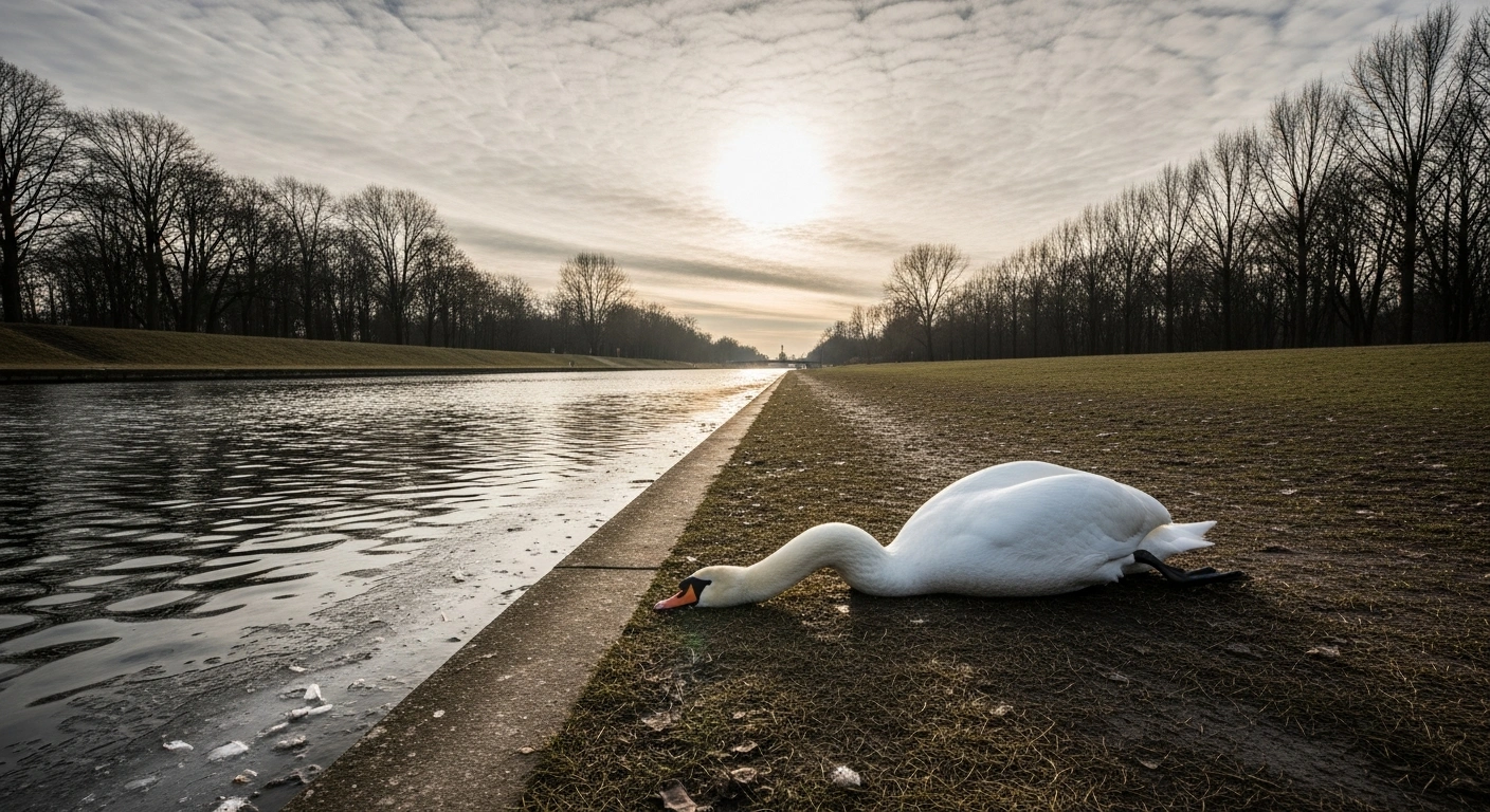 A majestic dead swan lies on the partially frozen bank of a canal in a desolate winter landscape in Berlin, its white feathers contrasting with the muted surroundings, illustrating the impact of the H5N1 bird flu outbreak on wild birds in the region.