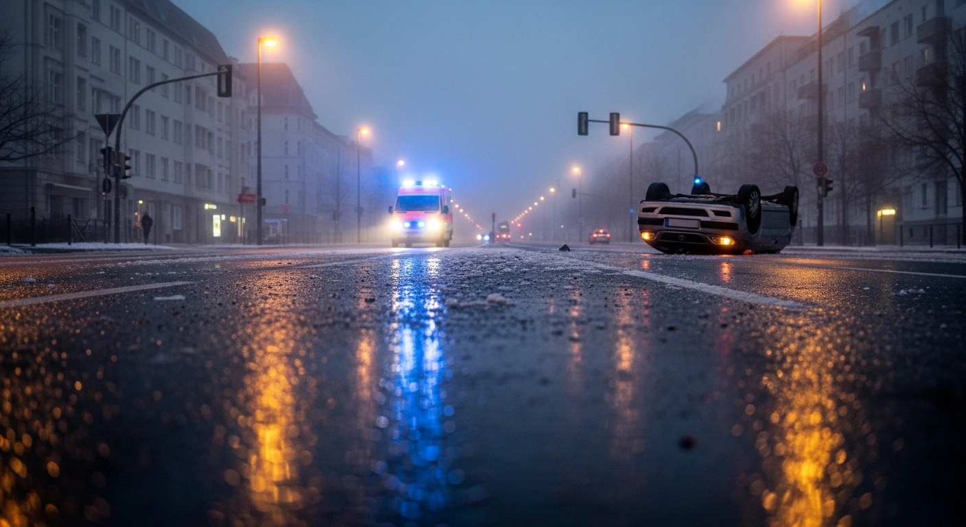 A wide, low-angle shot captures a deserted Berlin street at pre-dawn, treacherous with black ice, showing an overturned car and the approaching emergency lights of an ambulance, illustrating the severe disruption and hazardous conditions caused by widespread accidents in the city.