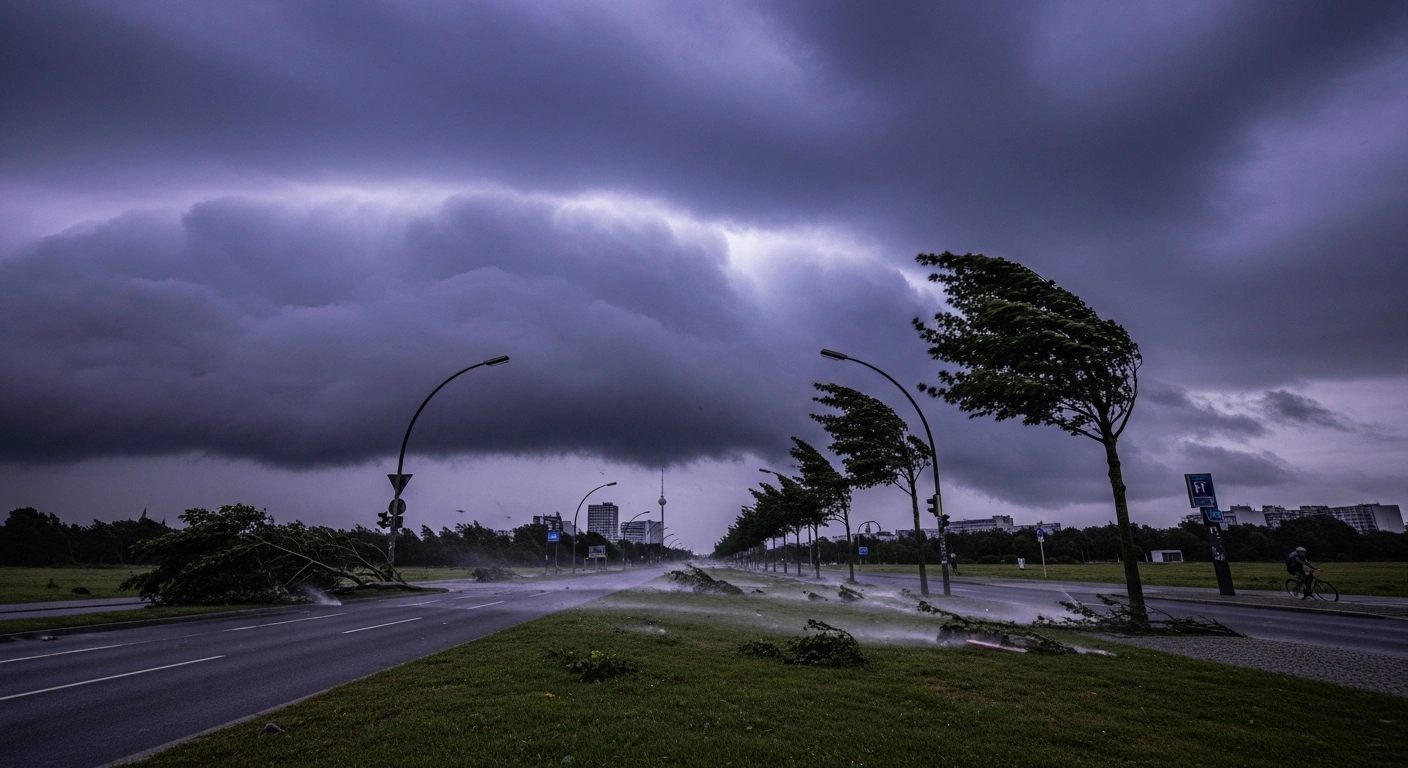 A stormy sky hangs over a Berlin street as gusty winds blow through trees during a severe weather warning.