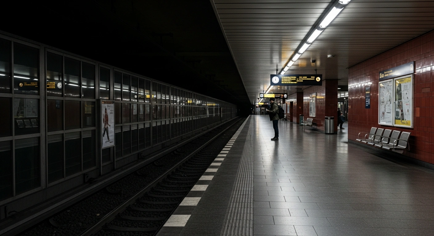A deserted Berlin U-Bahn platform at dawn, illuminated by artificial lights, with a lone commuter standing in silhouette, visually representing the two-day public transport warning strike by the Verdi trade union affecting Berlin's BVG buses, trams, and subways.