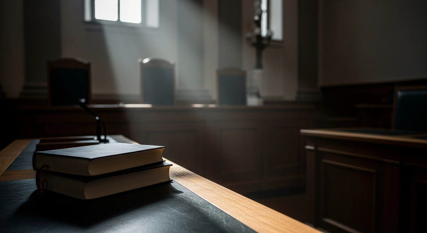 A courtroom bench in a Berlin administrative court represents the legal ruling against a former politician's appointment to the police service due to constitutional concerns.