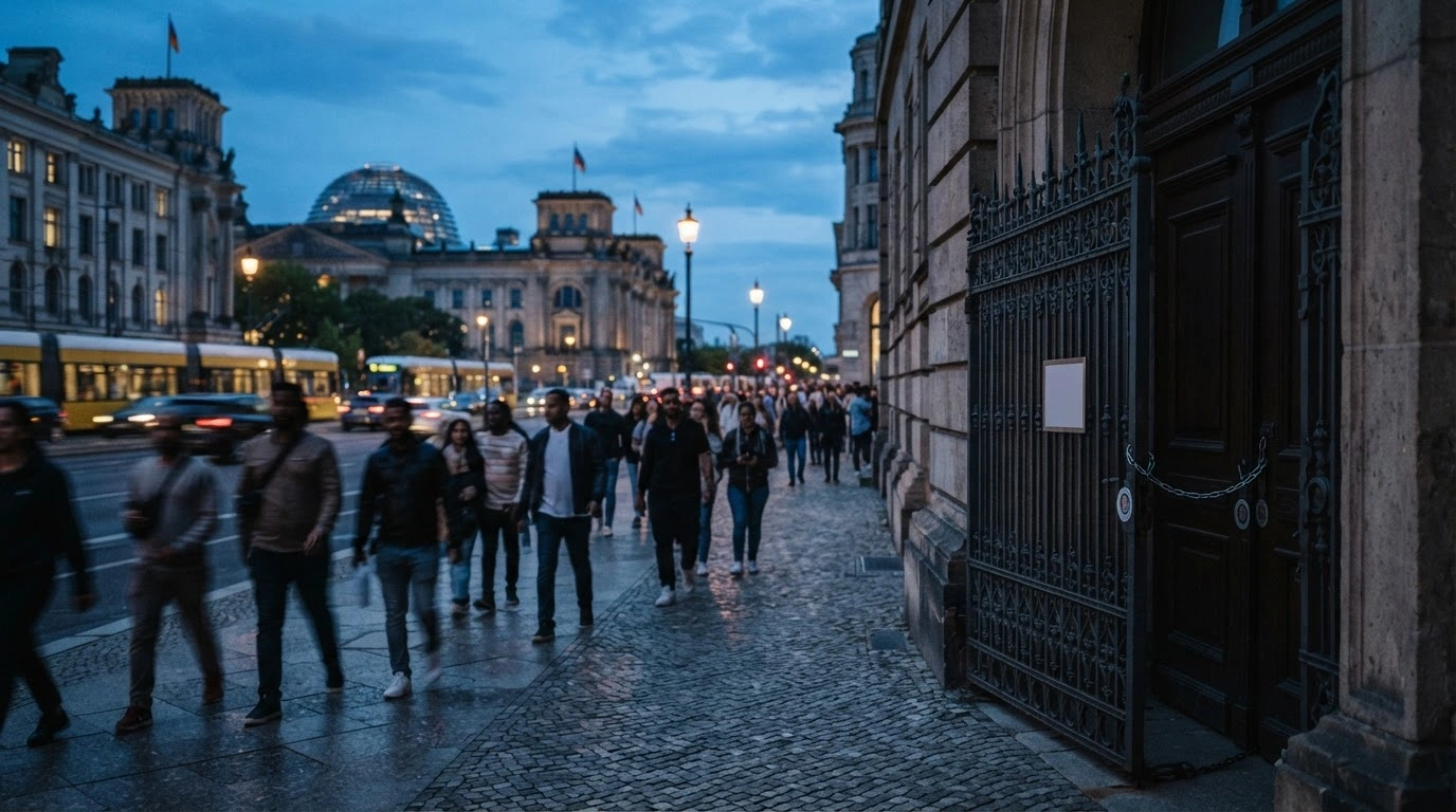 A diverse crowd of residents walks past a closed polling station in Berlin, highlighting the issue of non-citizen voting rights during state elections.