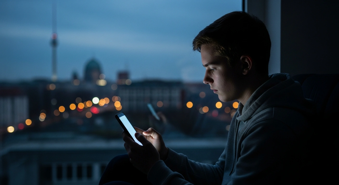 A young person sits in a dark room illuminated by a smartphone screen, representing the threat of extremist propaganda targeting youth in Berlin.