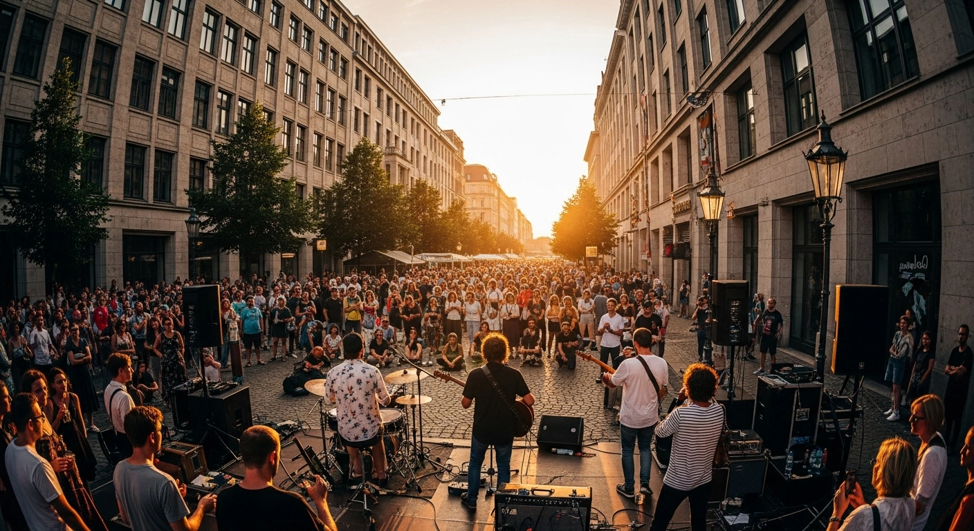 A diverse crowd enjoys a live music performance on a sunny street in Berlin during the annual Fête de la Musique summer celebration.