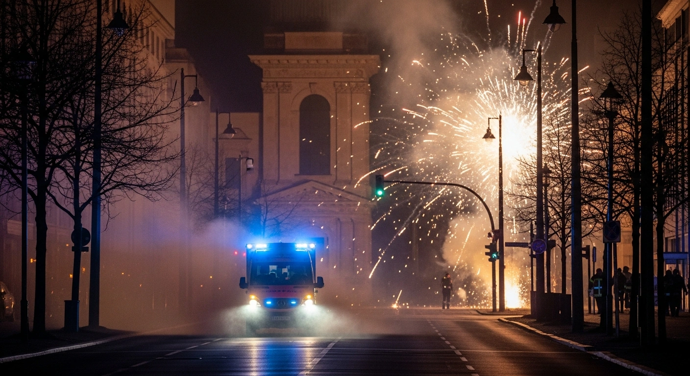 A wide-angle shot of a Berlin street on New Year's Eve, illuminated by chaotic fireworks exploding near buildings, with a silhouetted ambulance in the foreground, its emergency lights pulsing through thick smoke.