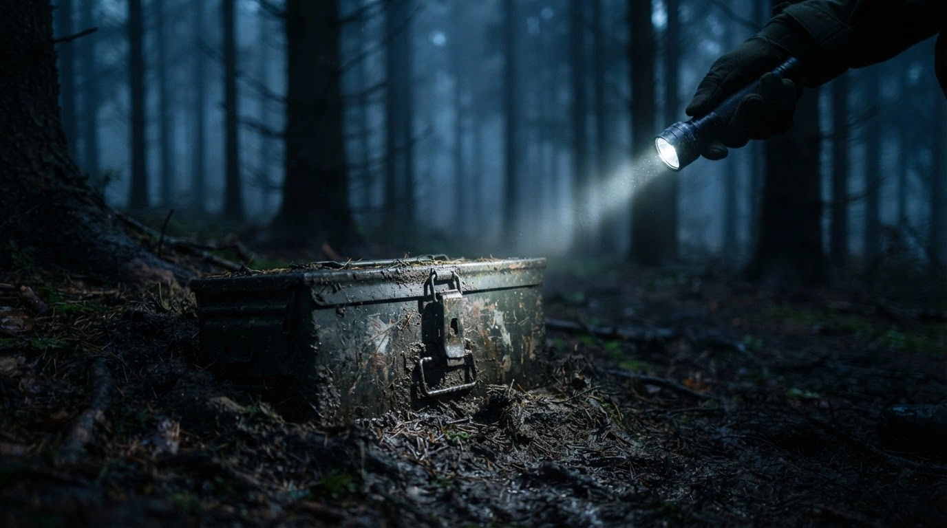 German investigators examine a hidden weapons cache discovered in a forest near Berlin during an espionage inquiry.
