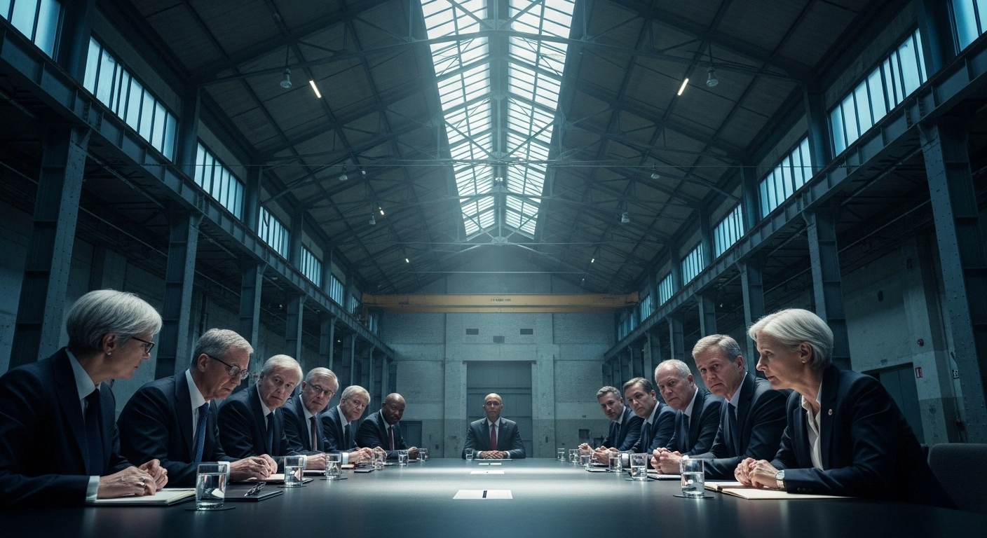 A wide, low-angle shot captures a diverse assembly of international leaders from politics, business, and civil society, intensely engaged around a large conference table in a repurposed industrial hall, strategizing against the global decline of freedom and democracy at the first Berlin Freedom Conference held at Gasometer Schöneberg on November 10, 2025.