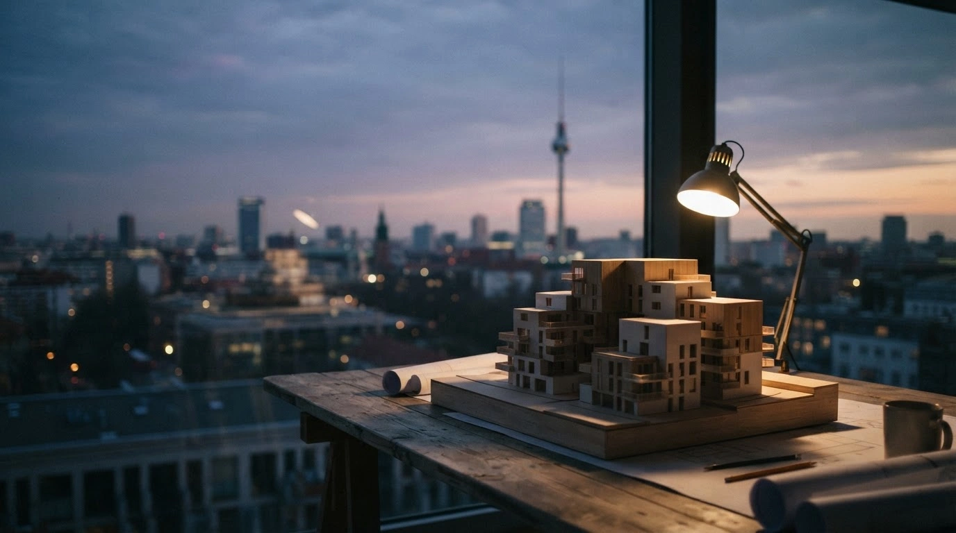 A detailed architectural model of residential apartment buildings sits on a desk in Berlin as the city skyline glows in the background during the transition to address the housing crisis.