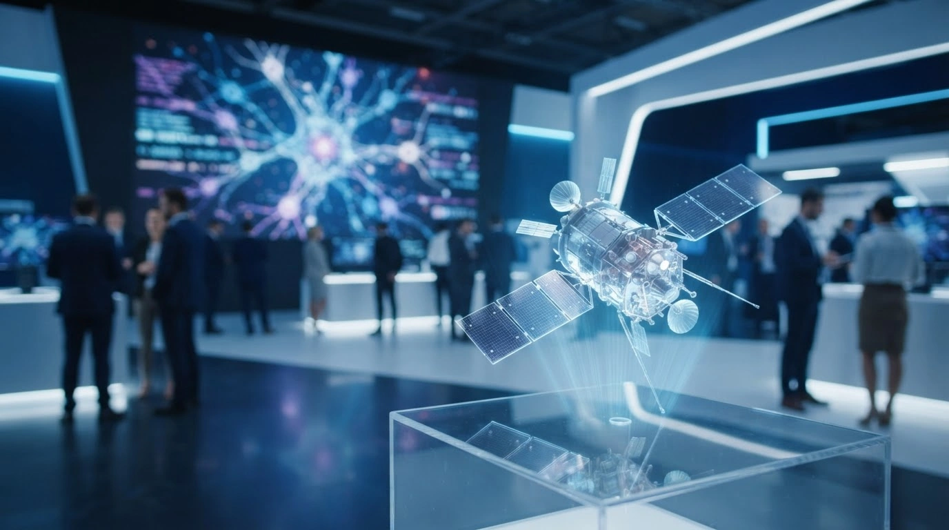 A futuristic exhibition in Berlin showcases advanced space exploration technology and artificial intelligence research during the German Unity Day celebrations.