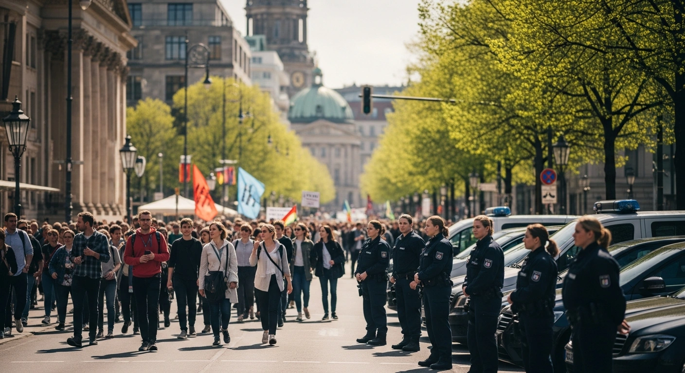 Police officers monitor a peaceful May Day demonstration with thousands of participants in the streets of Berlin.