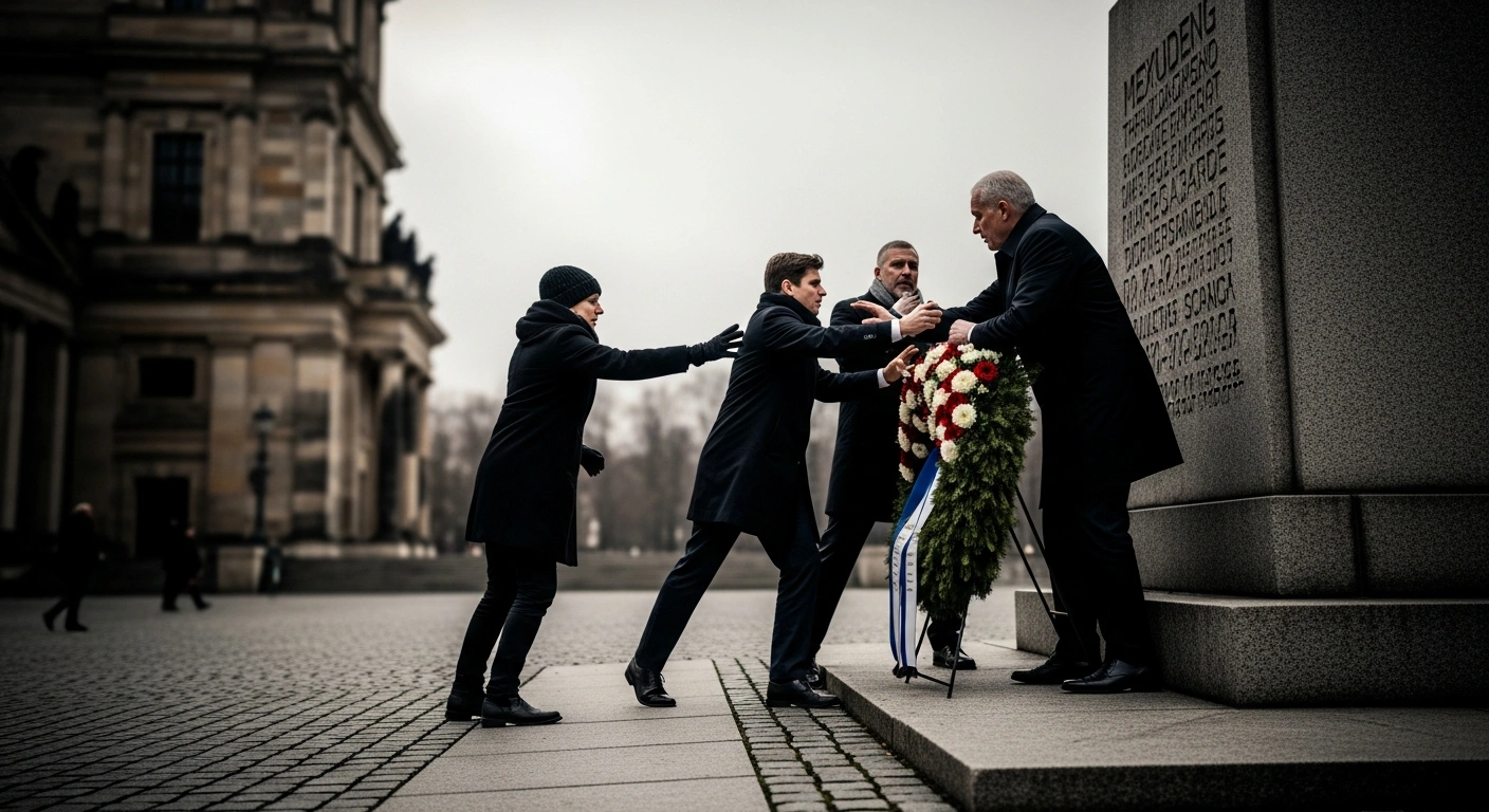 A descendant of a resistance fighter scuffles with political representatives while attempting to remove an AfD wreath at the Bendlerblock memorial in Berlin.