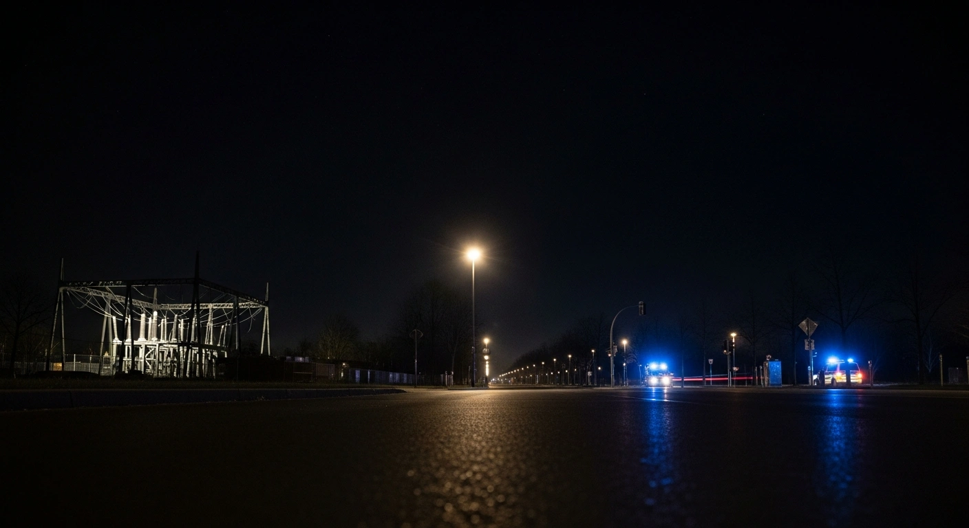A wide, low-angle photograph captures a dark Berlin street during a widespread power grid blackout, with a faintly glowing, damaged power substation in the distance and the subtle emergency lights of a police vehicle in the background, illustrating the ongoing investigation by German authorities into the arson attack.