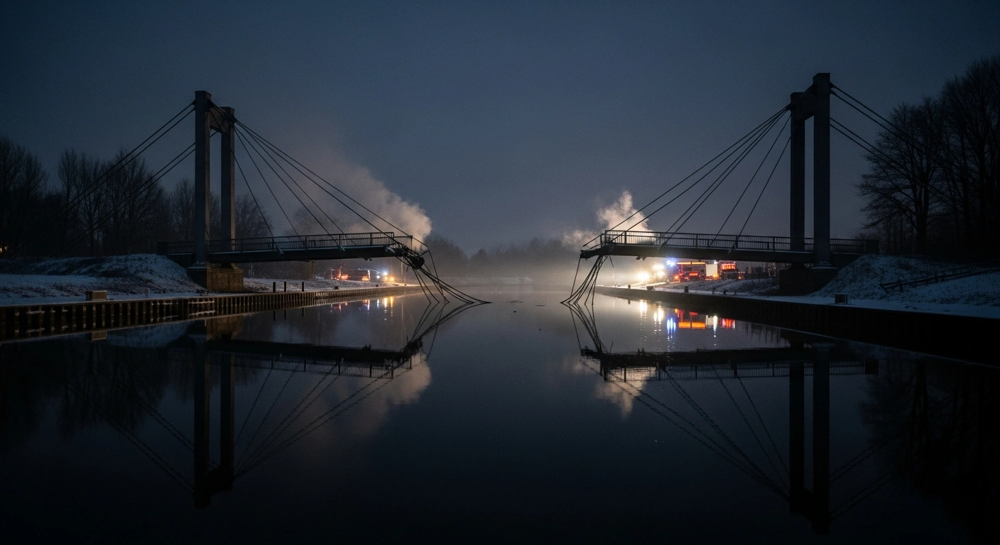 A wide, low-angle shot captures a partially damaged cable bridge over the frozen Teltow Canal in Berlin at pre-dawn, with faint smoke rising from charred sections and distant emergency lights reflecting on the dark water, symbolizing the widespread power outage affecting 45,000 households after a suspected arson attack amidst freezing temperatures.