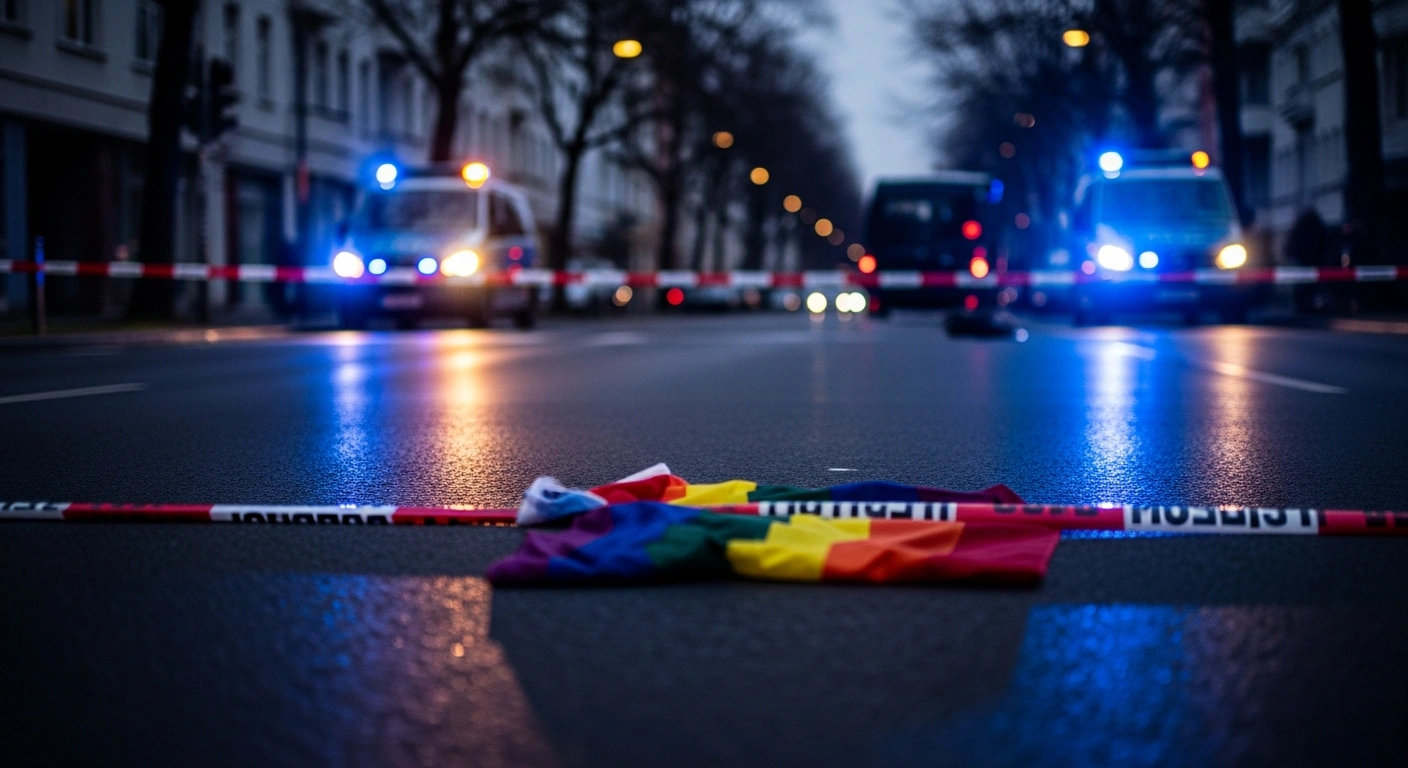 A police investigation scene at a cordoned-off street in Berlin following a vehicle attack during a Pride event.