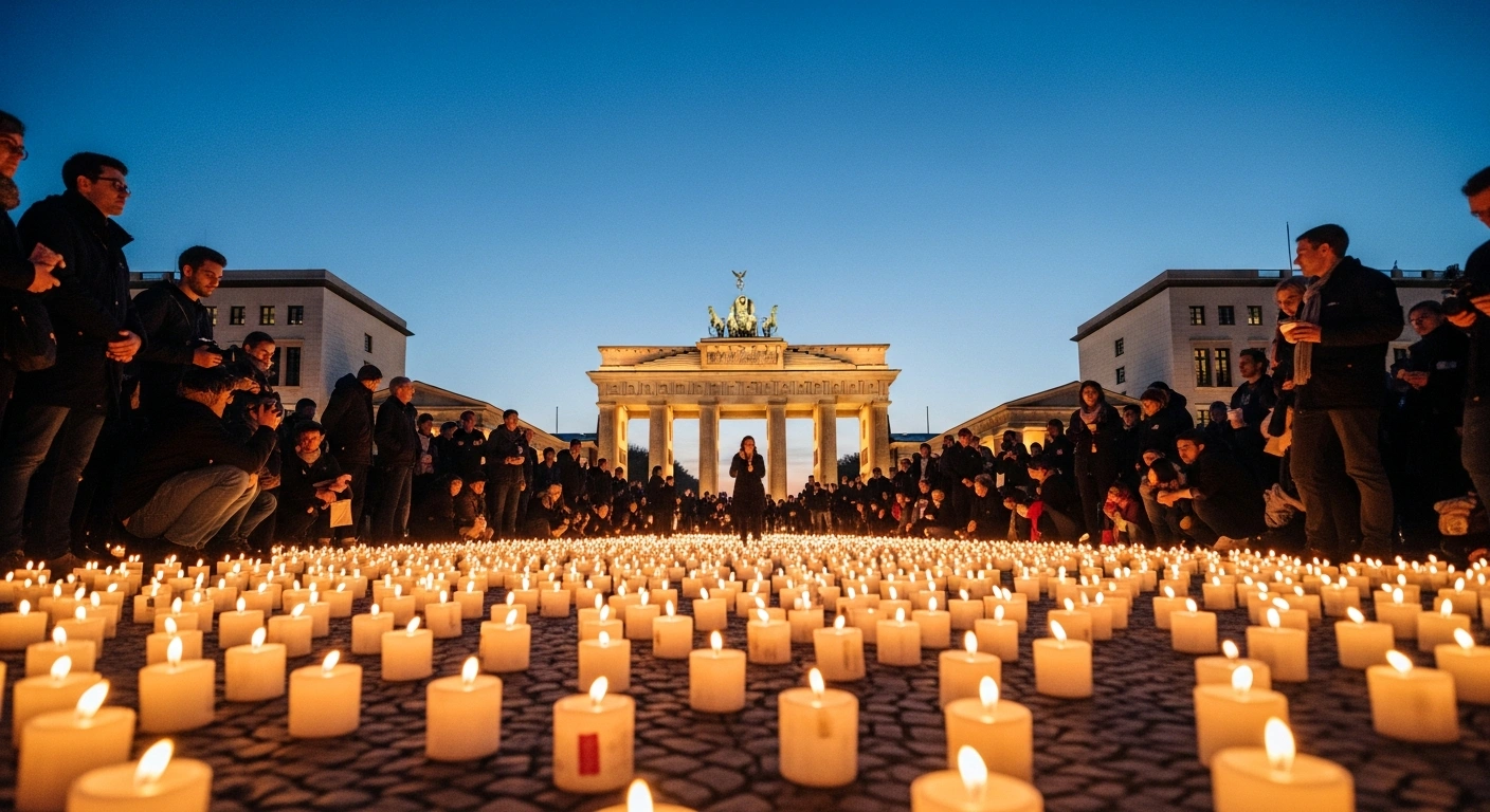Hundreds of mourners hold candles during a vigil at the Brandenburg Gate in Berlin to honor victims of a recent attack during Pride celebrations.