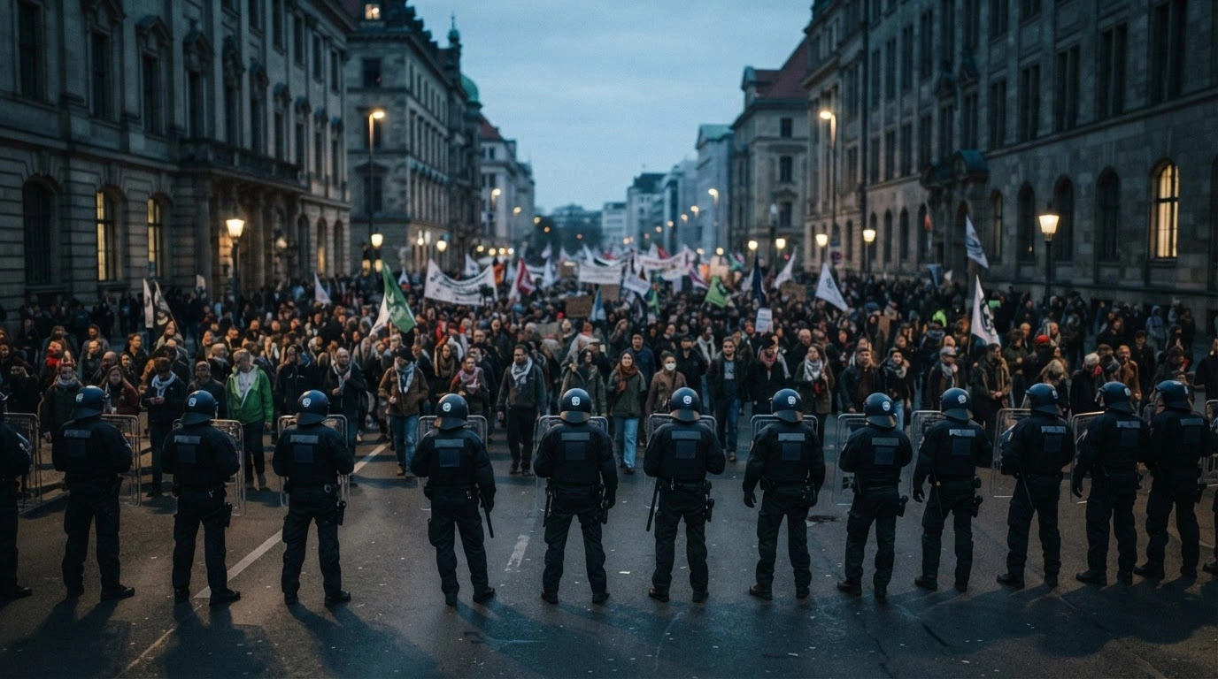 A large crowd of protesters gathers in a Berlin street under the watchful presence of police officers during a demonstration against military operations.