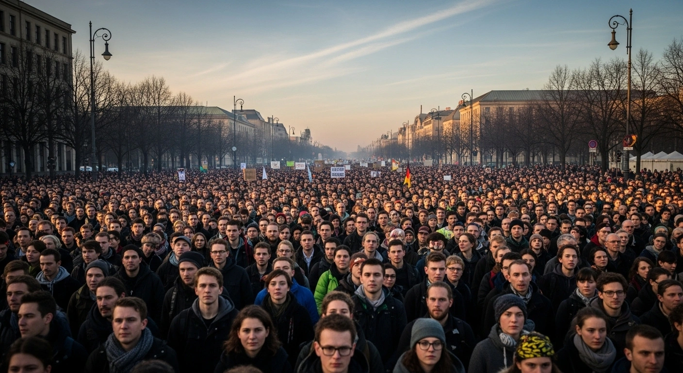 A vast crowd of tens of thousands of demonstrators fills a wide street in Berlin at dusk, protesting the Israel-Hamas war, German arms exports to Israel, and calling for EU sanctions.