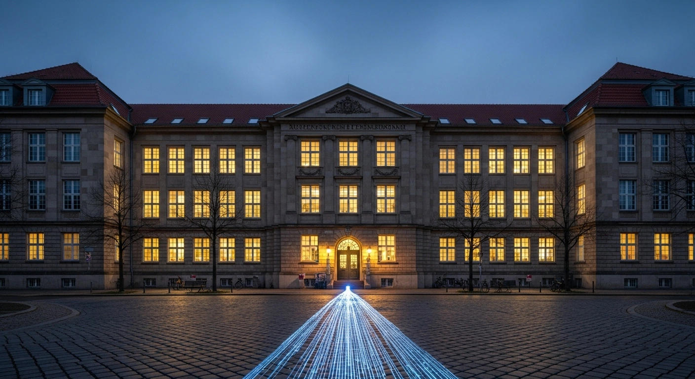A wide, cinematic view of a classic Berlin school building at dusk, with a subtle blue light tracing a path towards its entrance, symbolizing the high-performance fiber optic connections now equipped in approximately 700 public schools in Berlin, benefiting 400,000 students and 35,000 teachers as part of the city's digitization strategy.