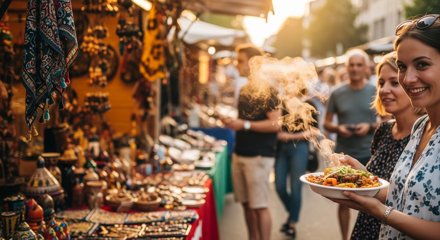 People browse diverse arts, crafts, and food stalls at a lively outdoor market festival in Berlin during a summer weekend.