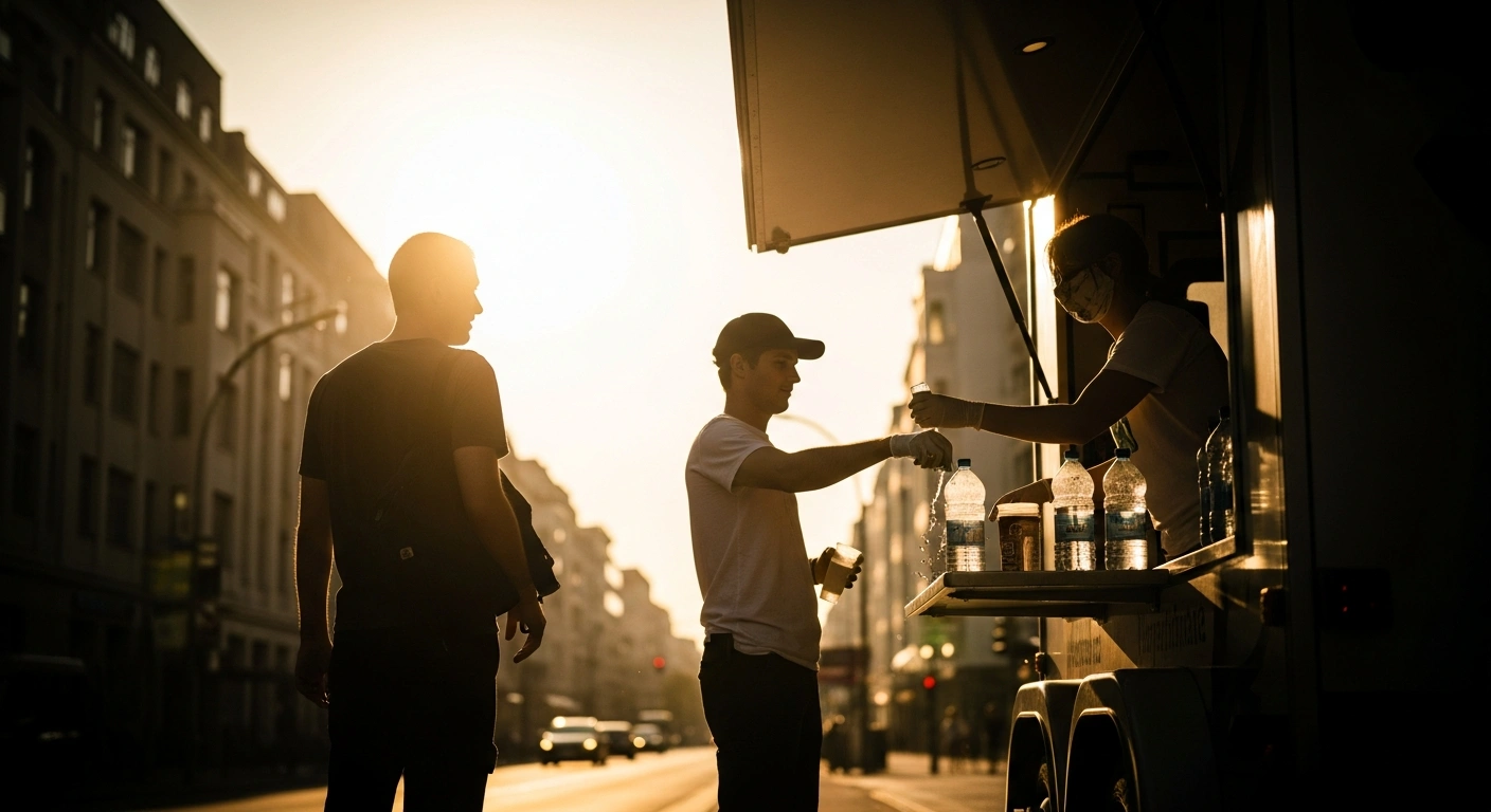 A city outreach worker provides water to a homeless individual at a hydration station during a summer heatwave in Berlin.