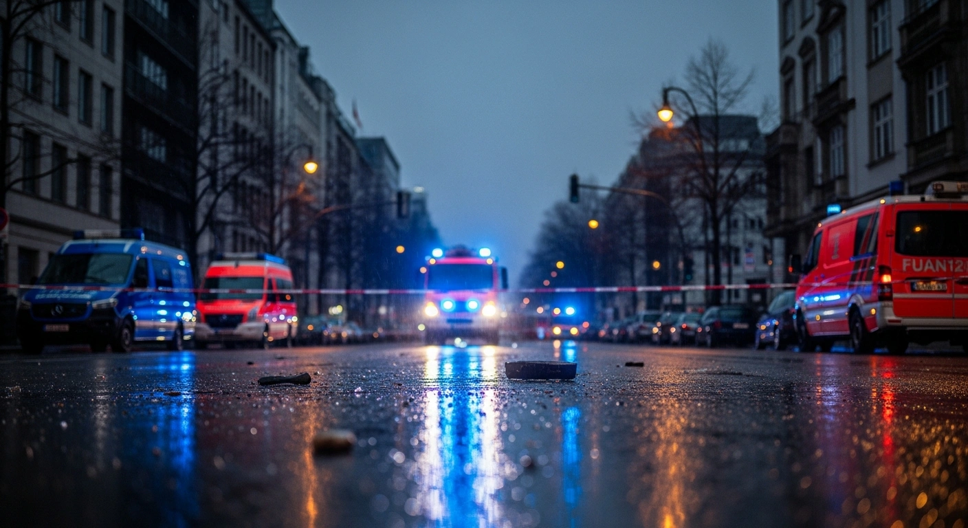 Emergency vehicles and police tape surround the site of a fatal vehicle attack in Berlin as authorities conduct an investigation.