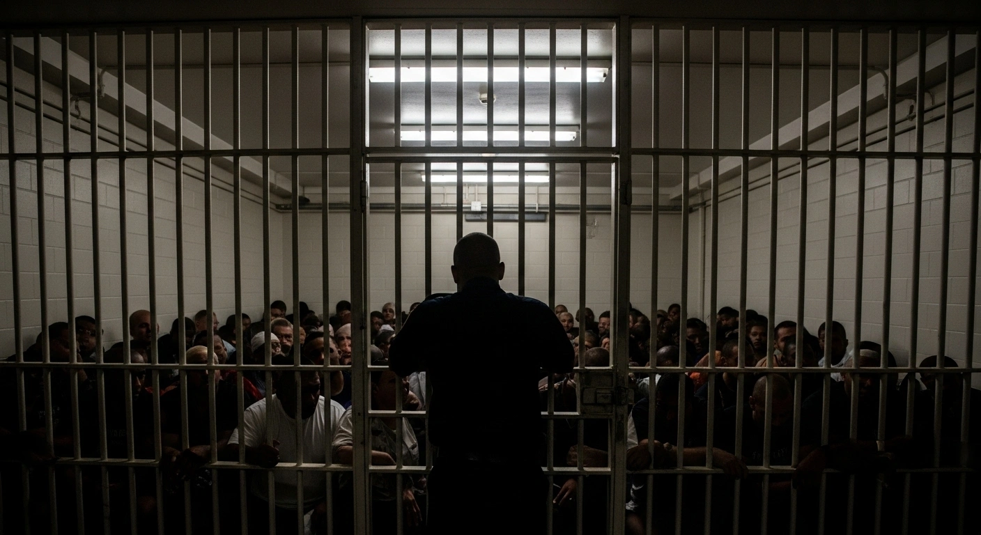 An overcrowded Bermuda police holding cell shows numerous individuals packed behind metal bars under harsh fluorescent lighting, illustrating the surge in arrests due to intensified efforts against knife crime and gang violence.