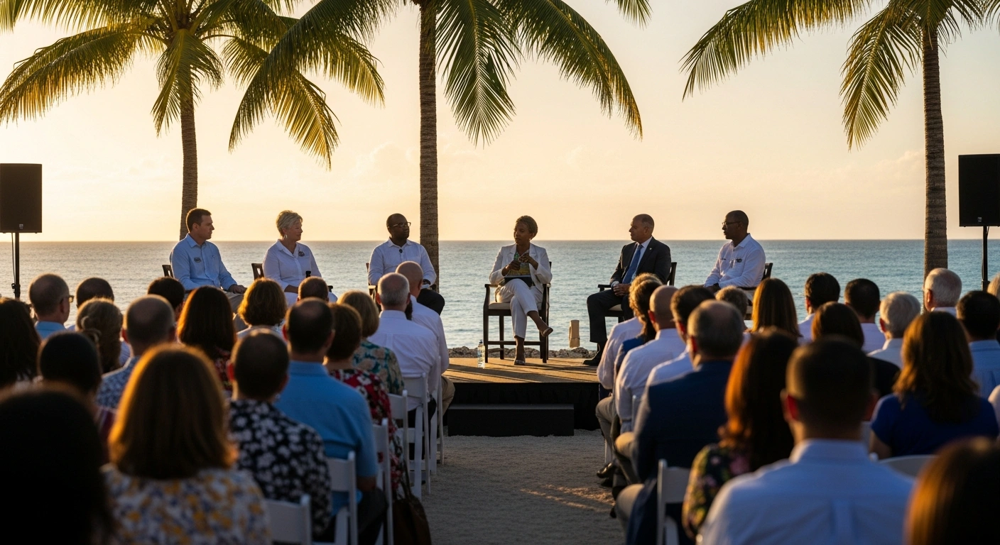 A community forum in Bermuda, moderated by Dr. Ty-Ron Douglas, features panelists like football legend Clyde Best and Stacey-Lee Williams from CURB, discussing the intersection of sport and race at Cambridge Beaches.