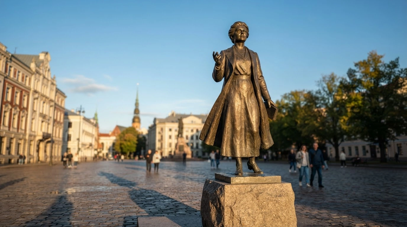 A bronze memorial statue honoring Berta Pīpiņa stands in a public square in Riga, Latvia, celebrating her role as a pioneering politician and activist.