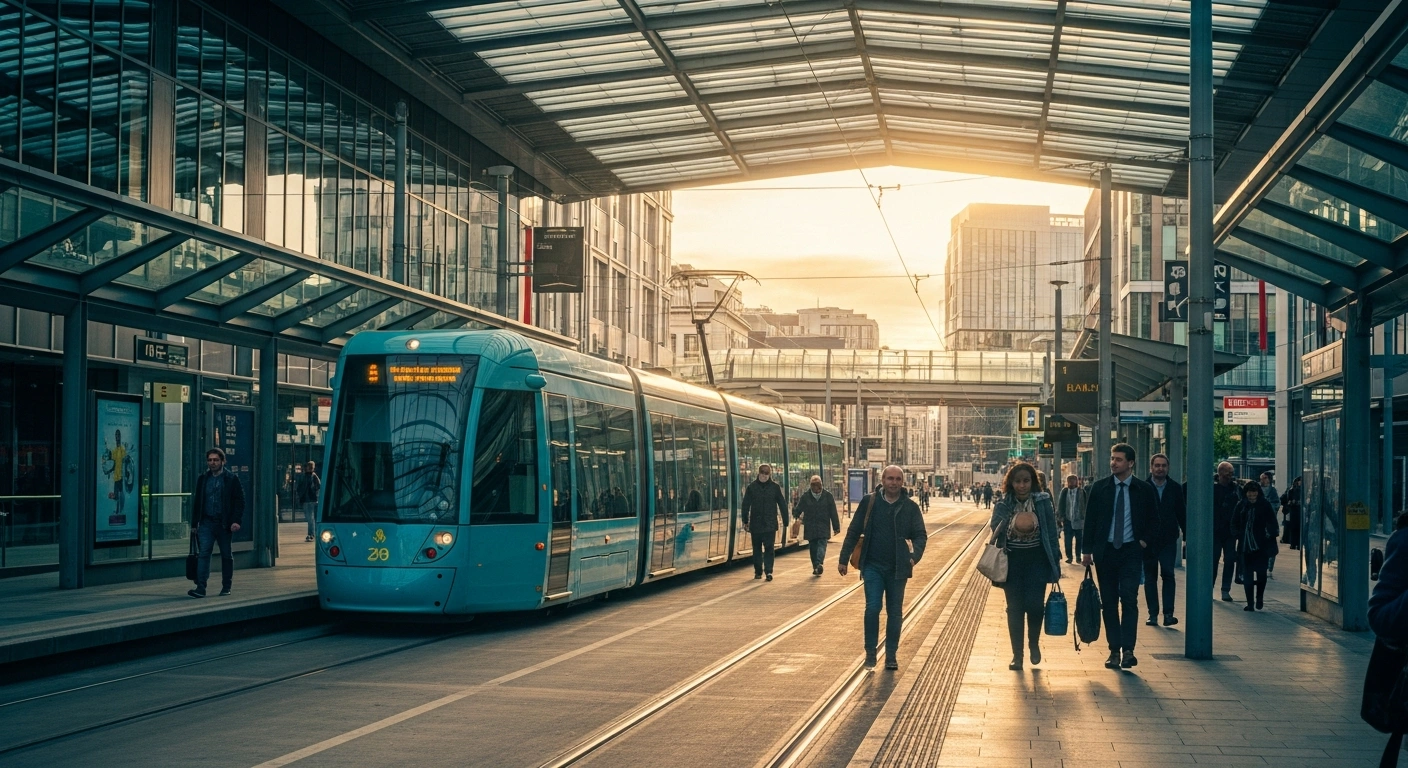 A modern electric tram travels through a sustainable transit hub in Birmingham during the launch of Better Transport Week 2026.