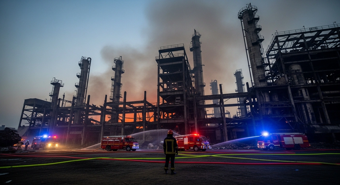 A wide, low-angle shot shows the skeletal remains of a chemical factory in Bhiwadi, Rajasthan, after a devastating fire, with smoke rising into the pre-dawn sky and emergency vehicle lights flashing amidst the wreckage.