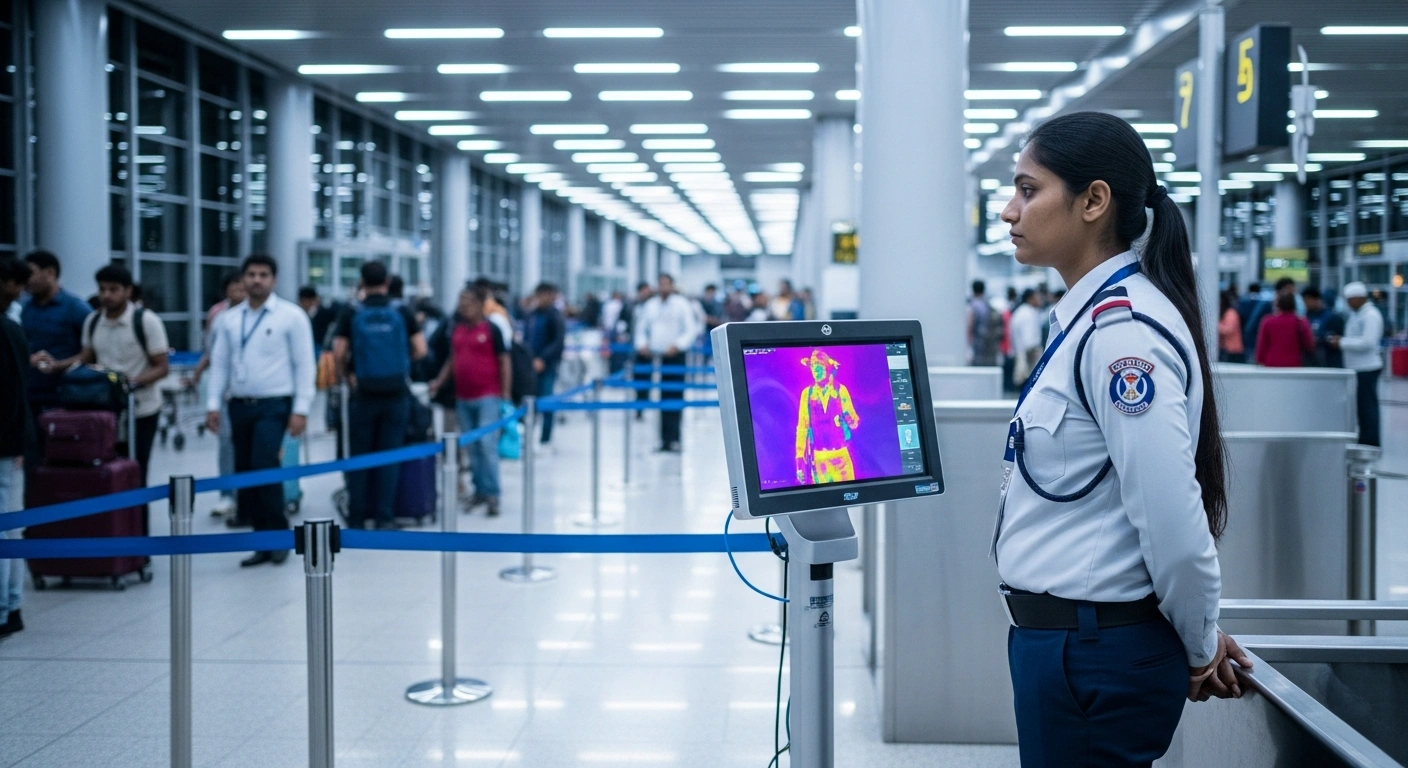 A health official monitors thermal screening equipment for international passengers at Biju Patnaik International Airport to prevent the spread of Ebola.
