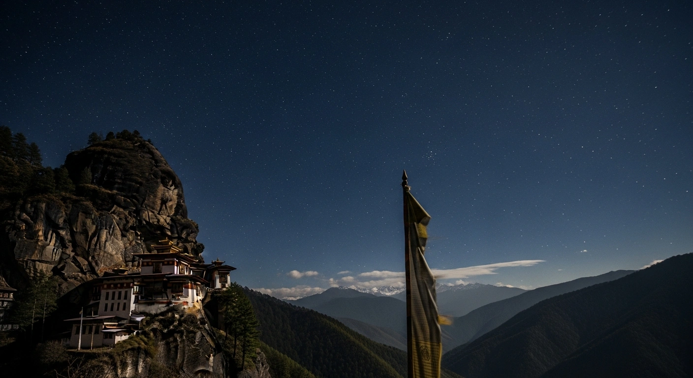 A serene night scene in Bhutan shows a traditional monastery on a hillside under a star-dusted sky, with subtle hints of a recent, shallow magnitude 3.4 earthquake that occurred on February 25, 2026, in Wangdue Phodrang Dzongkhag, causing no significant damage.