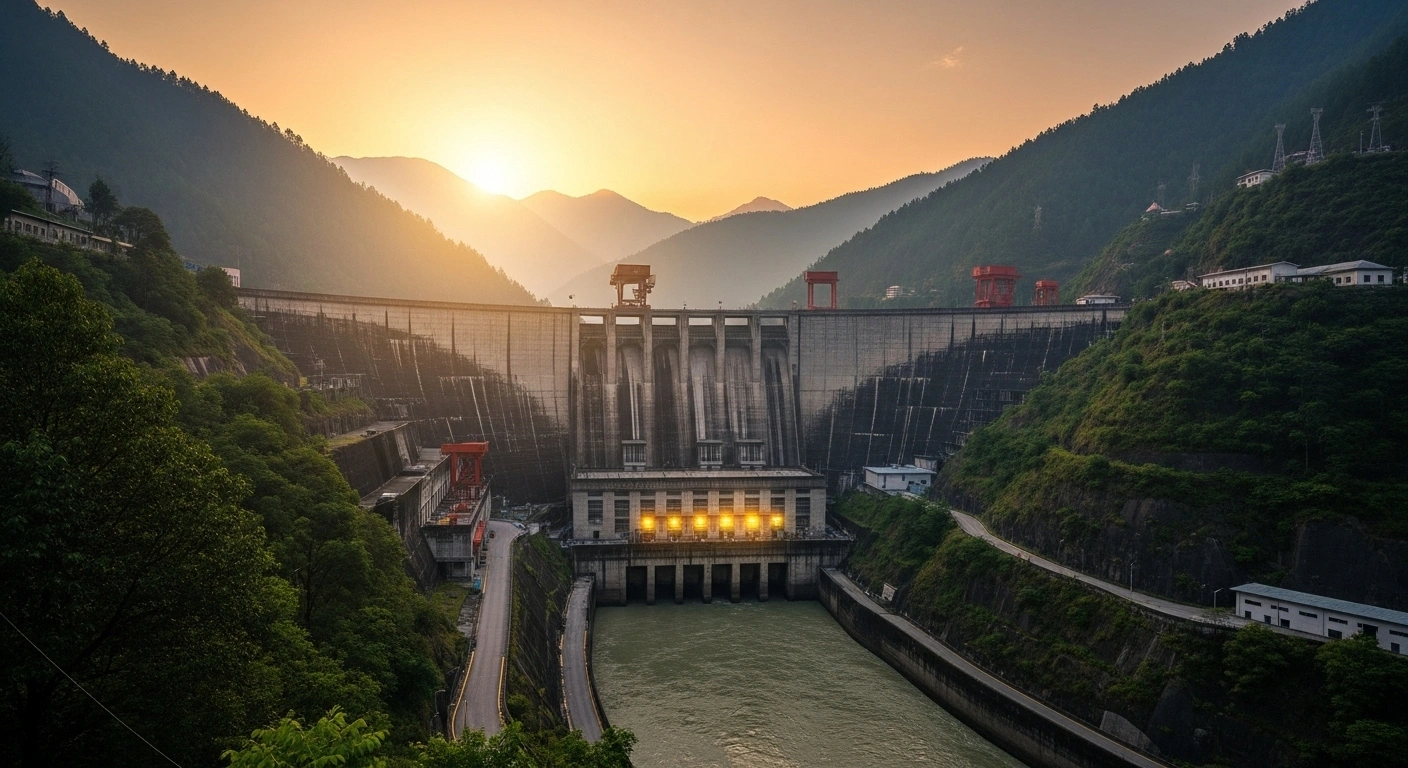 A colossal hydropower dam, representing Bhutan's Khorlochhu Hydropower Project, is situated in verdant, mist-shrouded valleys under a golden sunset, symbolizing the significant financing from India's Power Finance Corporation for energy generation and export.