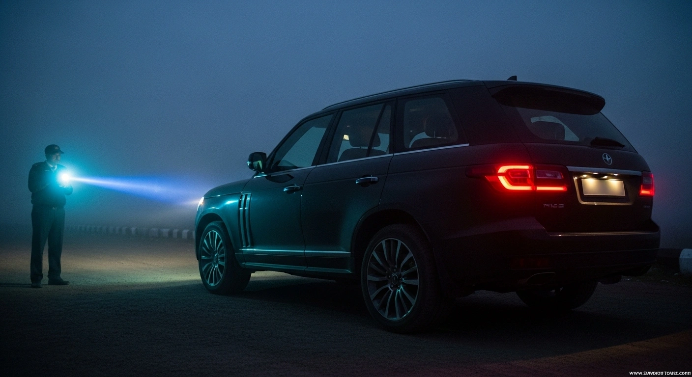 A customs official's flashlight beam cuts through pre-dawn mist, illuminating a high-value luxury SUV suspected of being part of a sophisticated car smuggling racket from Bhutan into Kerala, India, involving tax evasion and forged documents.