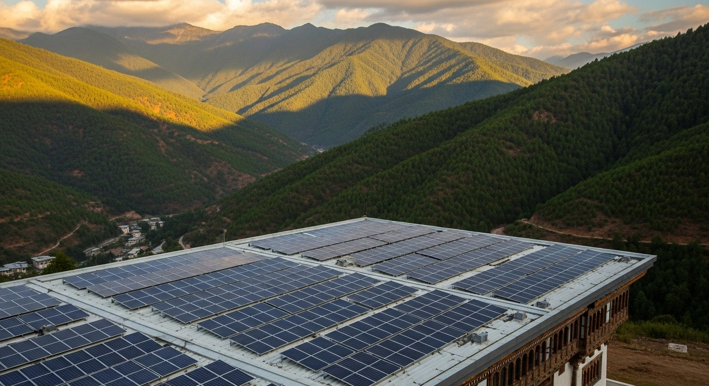 A modern Solar Technology Application Resource Centre (STAR-C) building, part of the College of Science and Technology (CST) in Bhutan, is nestled among green mountains with its rooftop covered in gleaming solar panels under a golden sun, symbolizing the nation's renewable energy goals and its partnership with the International Solar Alliance (ISA).