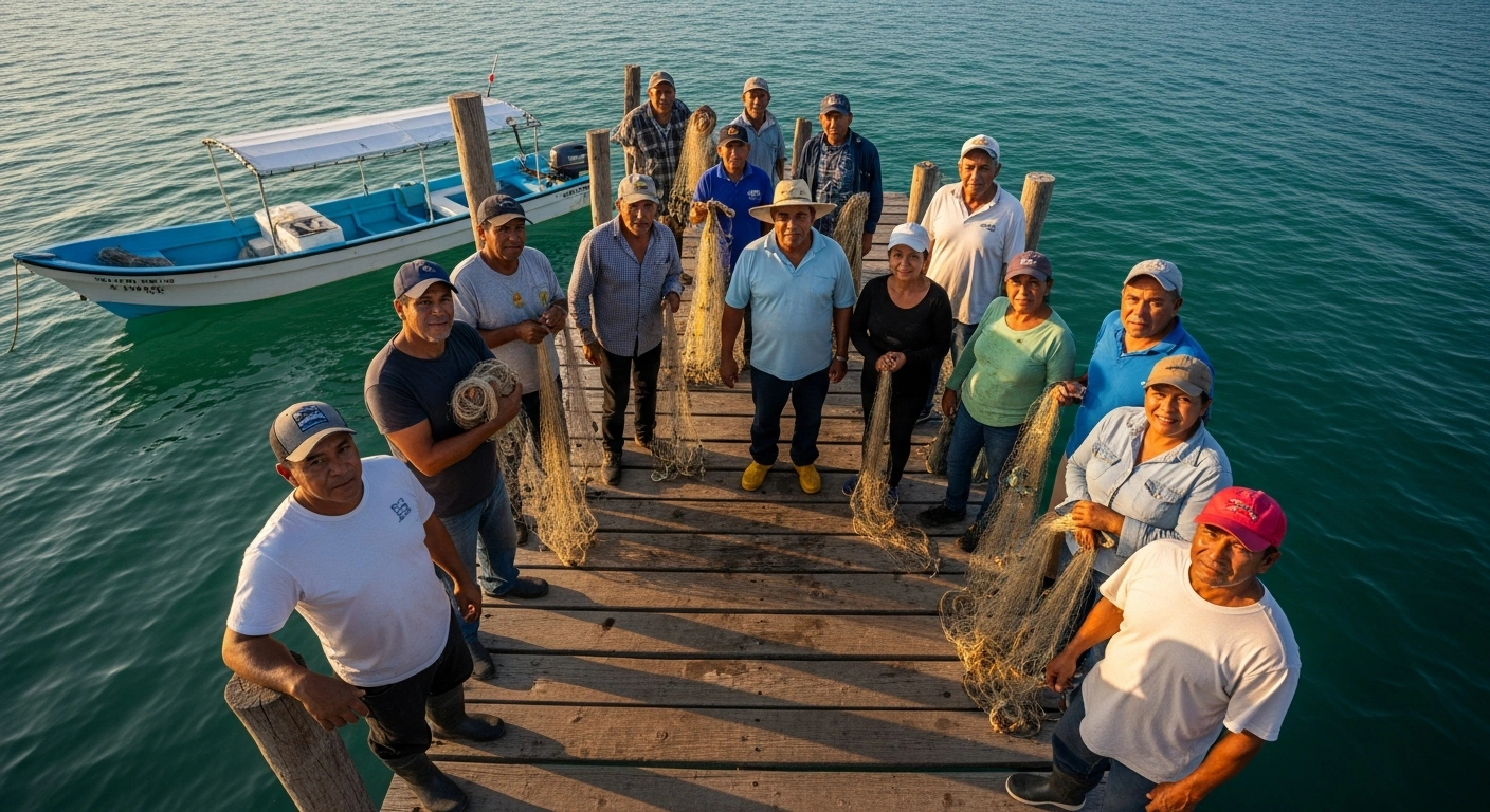A diverse group of Mexican commercial fishers, including older and younger individuals, stand on a sun-drenched pier with their fishing nets and a traditional panga boat in the background, their faces reflecting hope and resilience after receiving financial support from the Bienpesca program, a joint effort by the Mexican federal government and the state of Sinaloa.