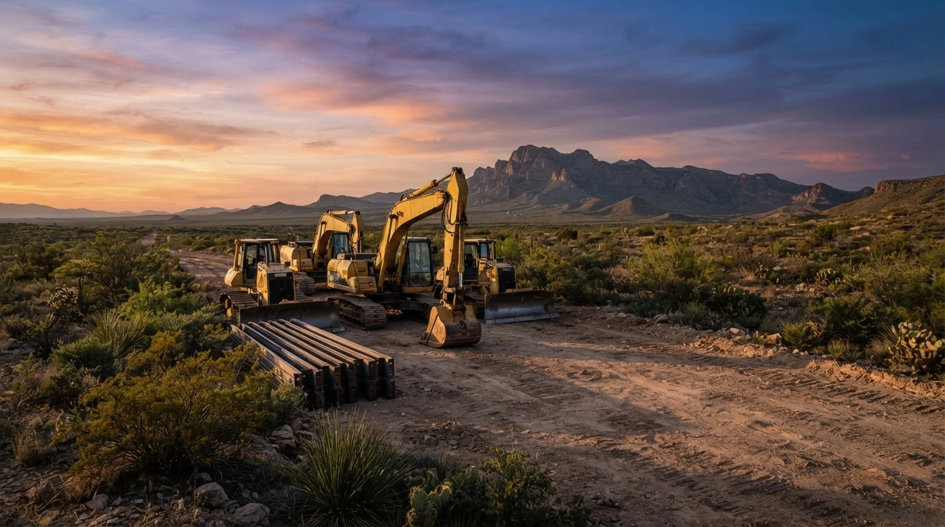 Heavy construction equipment sits idle in the vast desert landscape of Big Bend National Park after border wall construction was suspended.