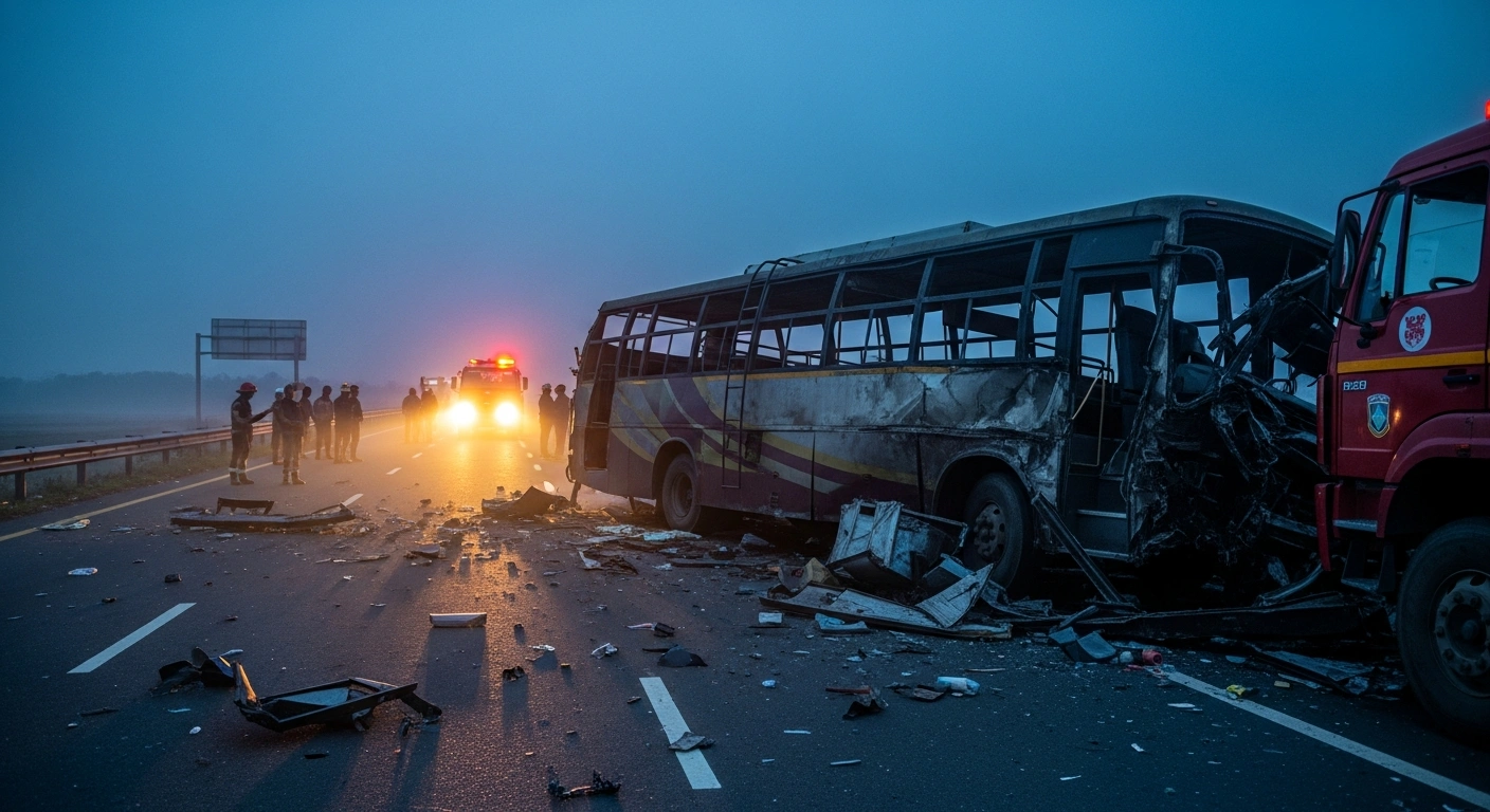 Emergency responders conduct a rescue operation at the site of a fatal bus and truck collision in the Katihar district of Bihar, India.