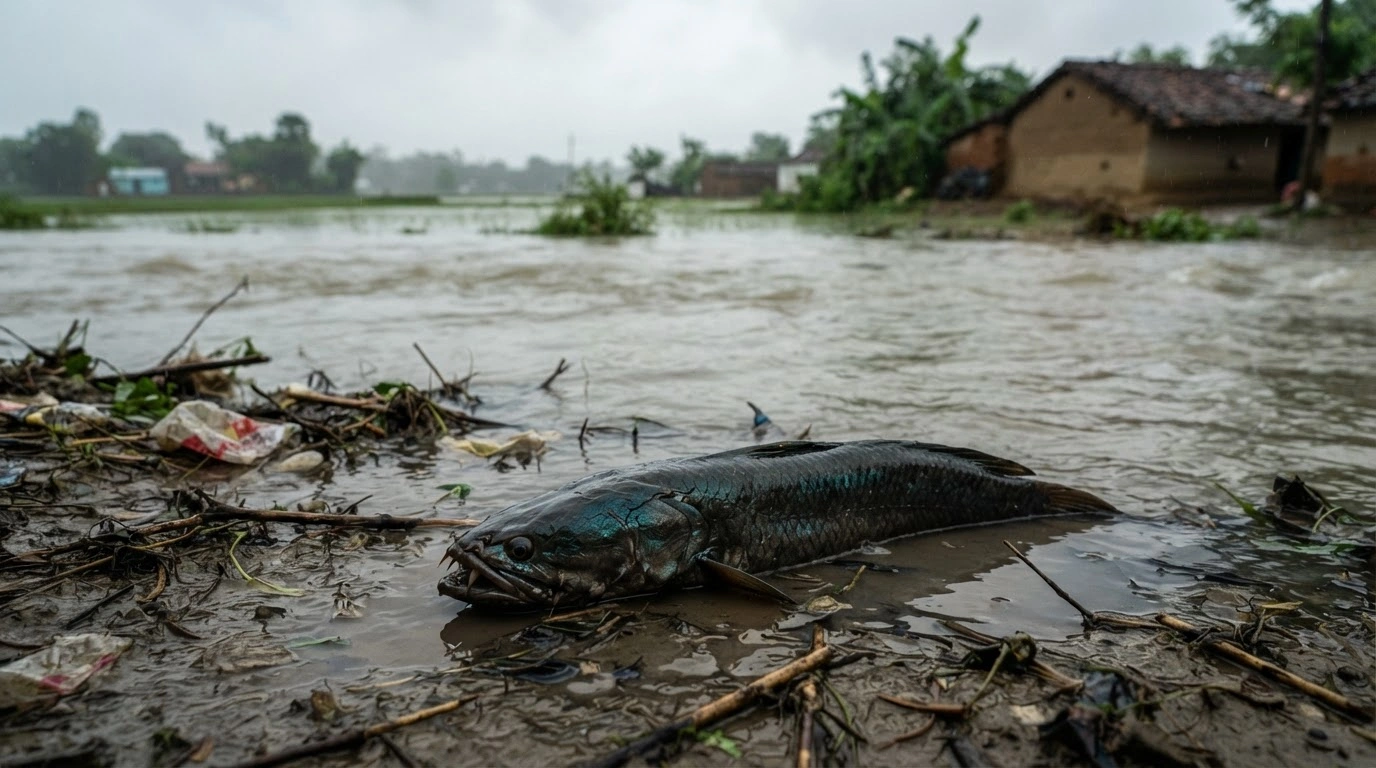 An unfamiliar fish species carried by floodwaters from Nepal lies in the mud in Bihar, prompting health concerns.