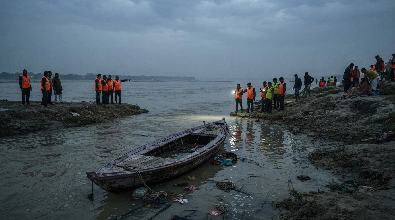 Rescue teams search for victims along the banks of the Ganga River in Bihar after a boat carrying children capsized in the water.