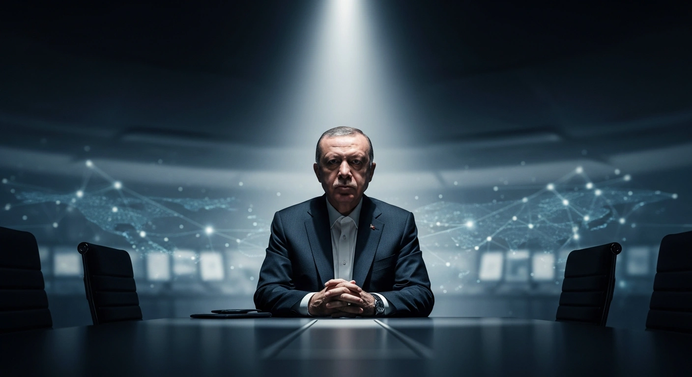 A low-angle, wide shot depicts Necmettin Bilal Erdogan, son of President Recep Tayyip Erdogan, standing authoritatively at a conference table in a dimly lit, high-tech room, symbolizing his oversight of Turkey's pro-government diaspora network, the Union of International Democrats (UID), and the importance of overseas votes in Turkish elections.
