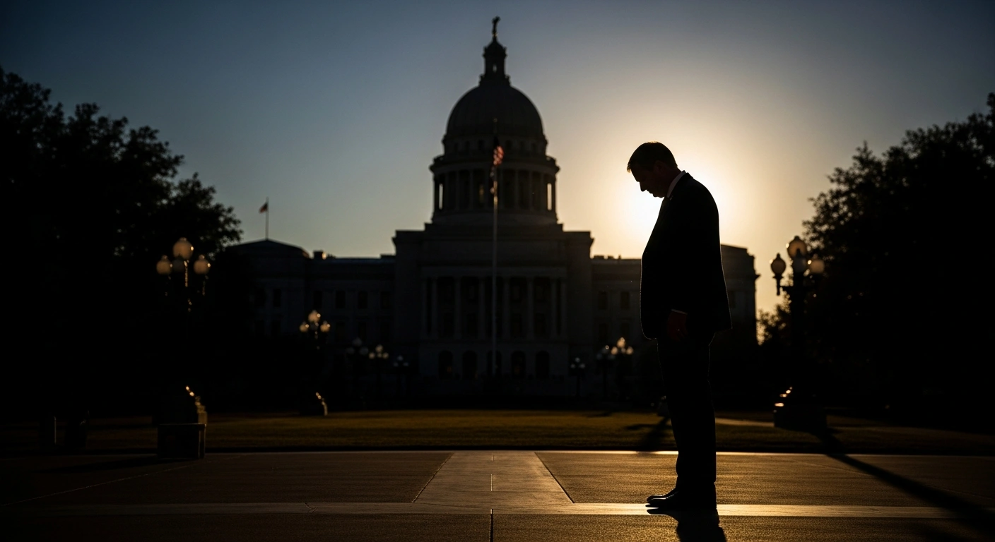 A somber U.S. Senator Bill Cassidy stands alone in the fading light following his loss in the Louisiana Republican primary election.